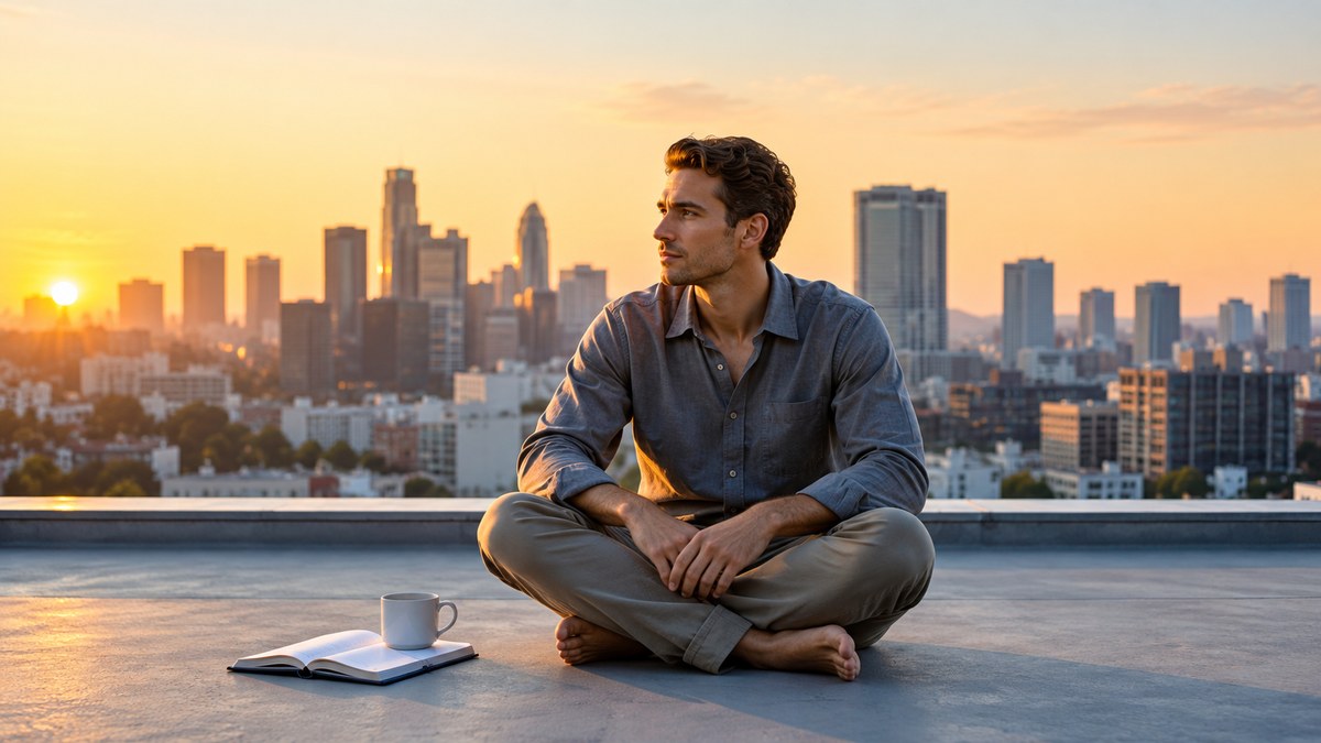 A learner reflecting on a rooftop at sunset with an open book beside him